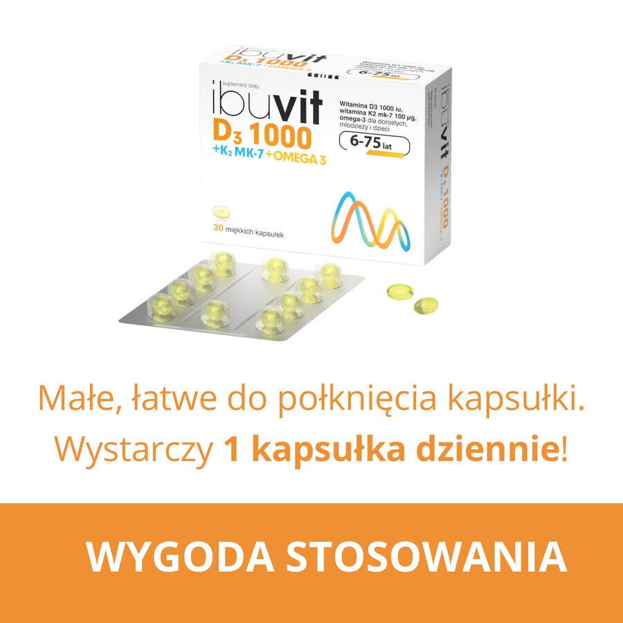 Ibuvit D3 1000 + K2 MK-7 Omega 3, für Kinder ab 6 Jahren, Jugendliche und Erwachsene, 30 Kapseln ZERSTÖRTE VERPACKUNG