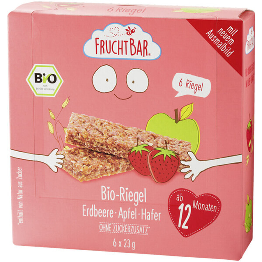 Fruchtbar Bio mueslireep, aardbei, appel, haver, na 12 maanden, 6 x 23 g