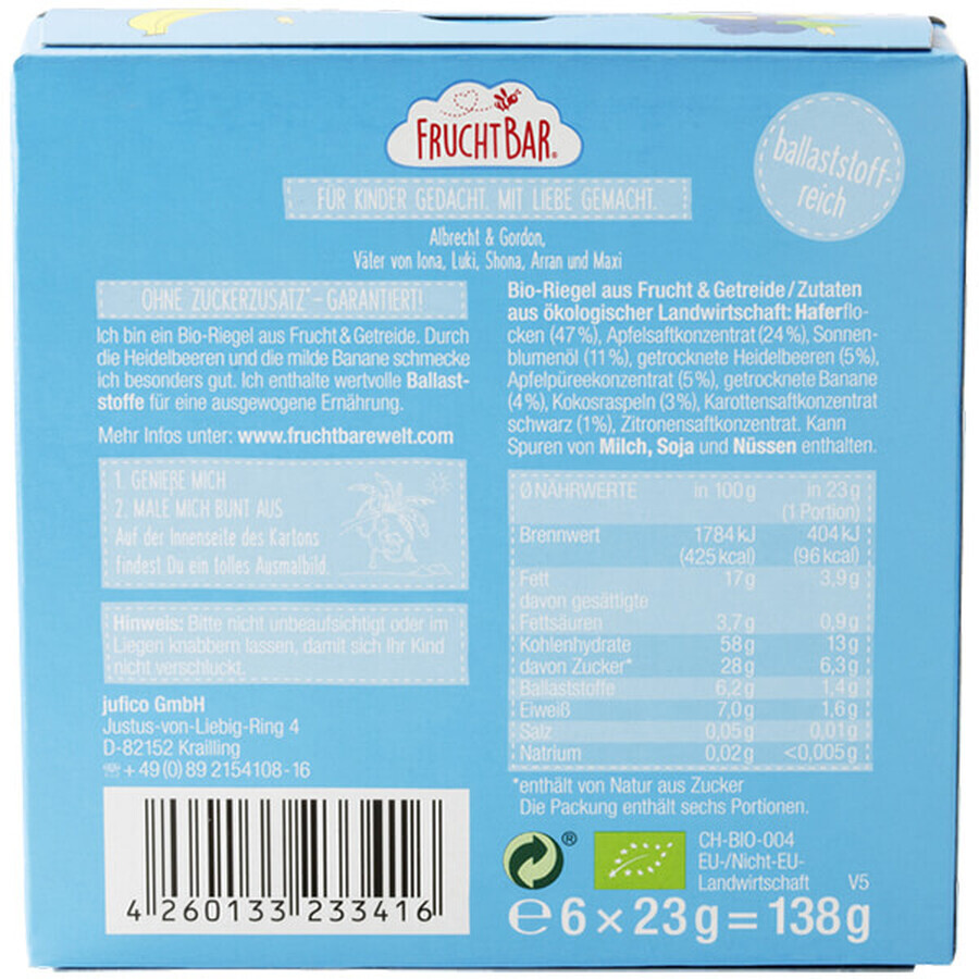 Barre de céréales Fruchtbar Bio, myrtille, banane, avoine, après 12 mois, 6 x 23 g