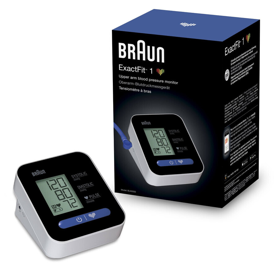 Braun ExactFit 1 BUA5000, automatische bovenarm bloeddrukmeter met manchet van 22-42 cm, zwart en wit