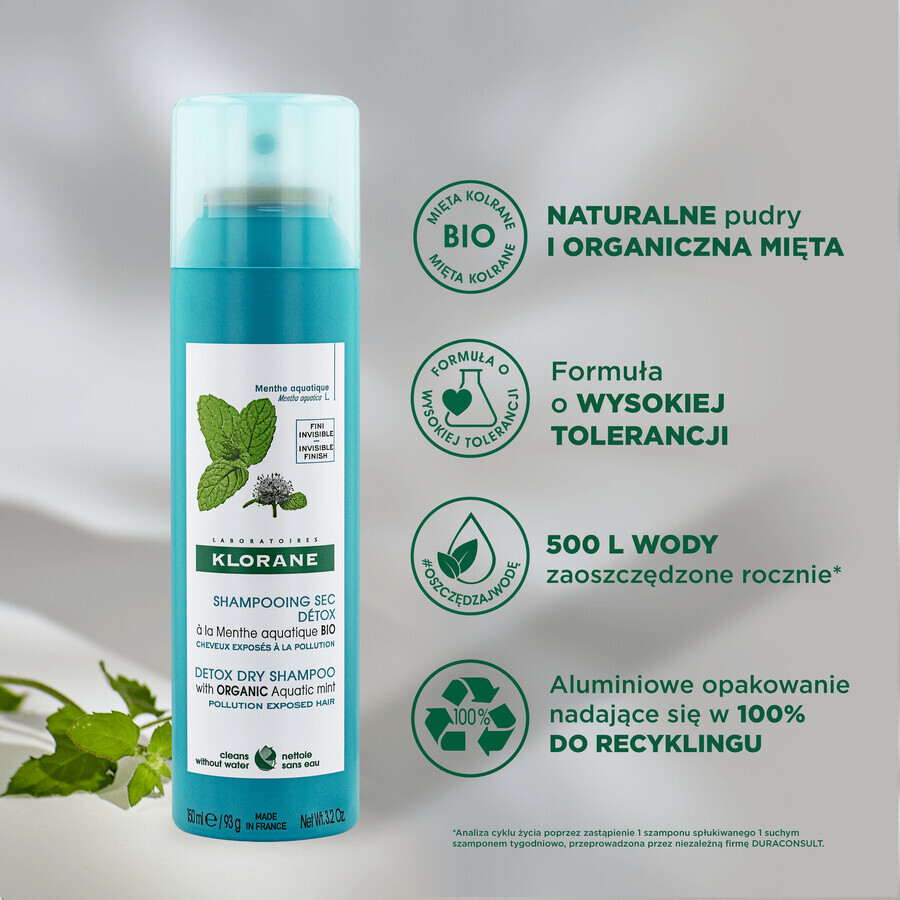 Klorane, champú seco desintoxicante con menta acuática ecológica, 150 ml