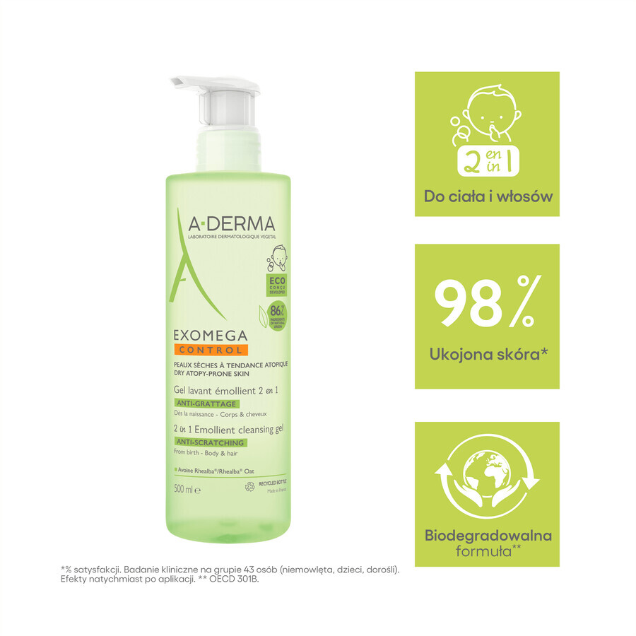 A-Derma Exomega Control 2in1, pflegendes Gel für Körper, Gesicht, Haare, von Geburt an, 500 ml