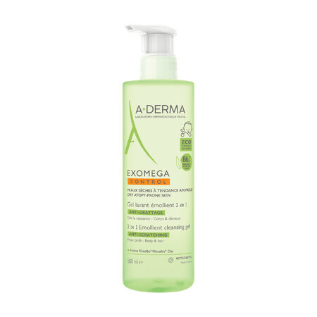 A-Derma Exomega Control 2in1, pflegendes Gel für Körper, Gesicht, Haare, von Geburt an, 500 ml