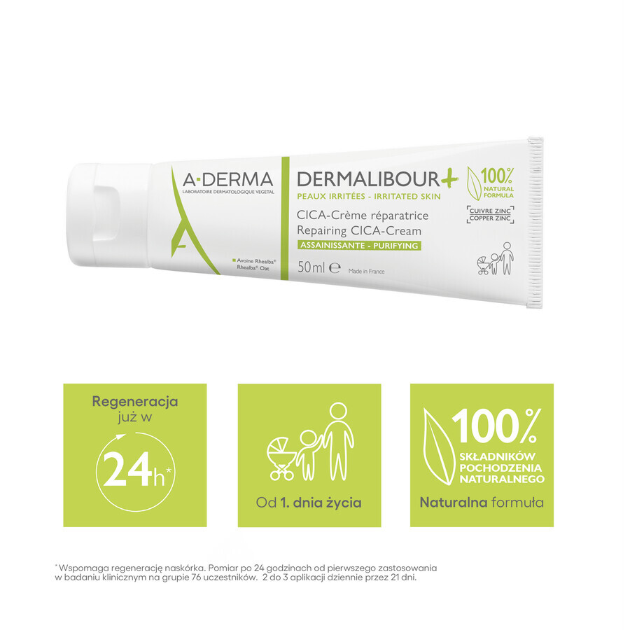 A-Derma Dermalibour+ Cica, Regenerationscreme für gereizte Haut, ab Tag 1, 50 ml