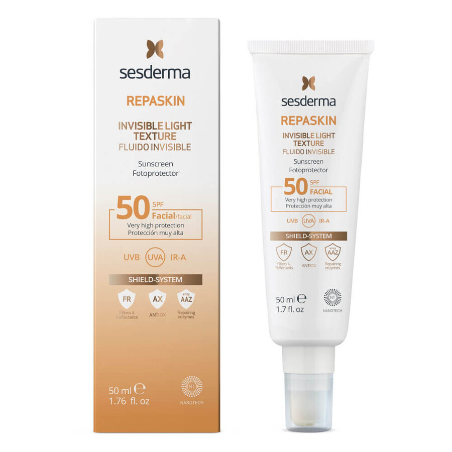 Sesderma Repaskin Fluido Invisible, fluido solare leggero per il viso, SPF 50, 50 ml