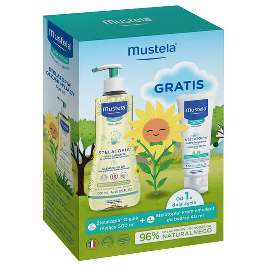 Mustela Stelatopia, Reinigungsöl von Geburt an, 500 ml + lindernde Gesichtscreme, 40 ml gratis 