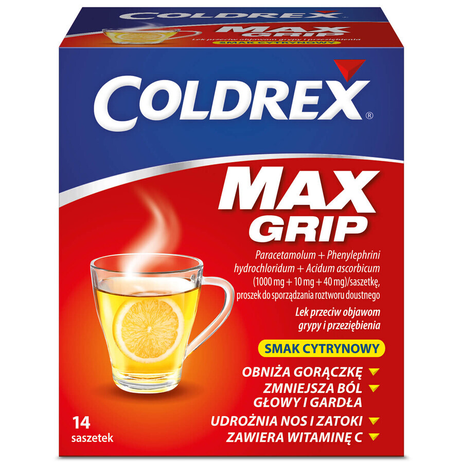 Coldrex MaxGrip 1000 mg + 10 mg + 40 mg, Zitronengeschmack, 14 Portionsbeutel