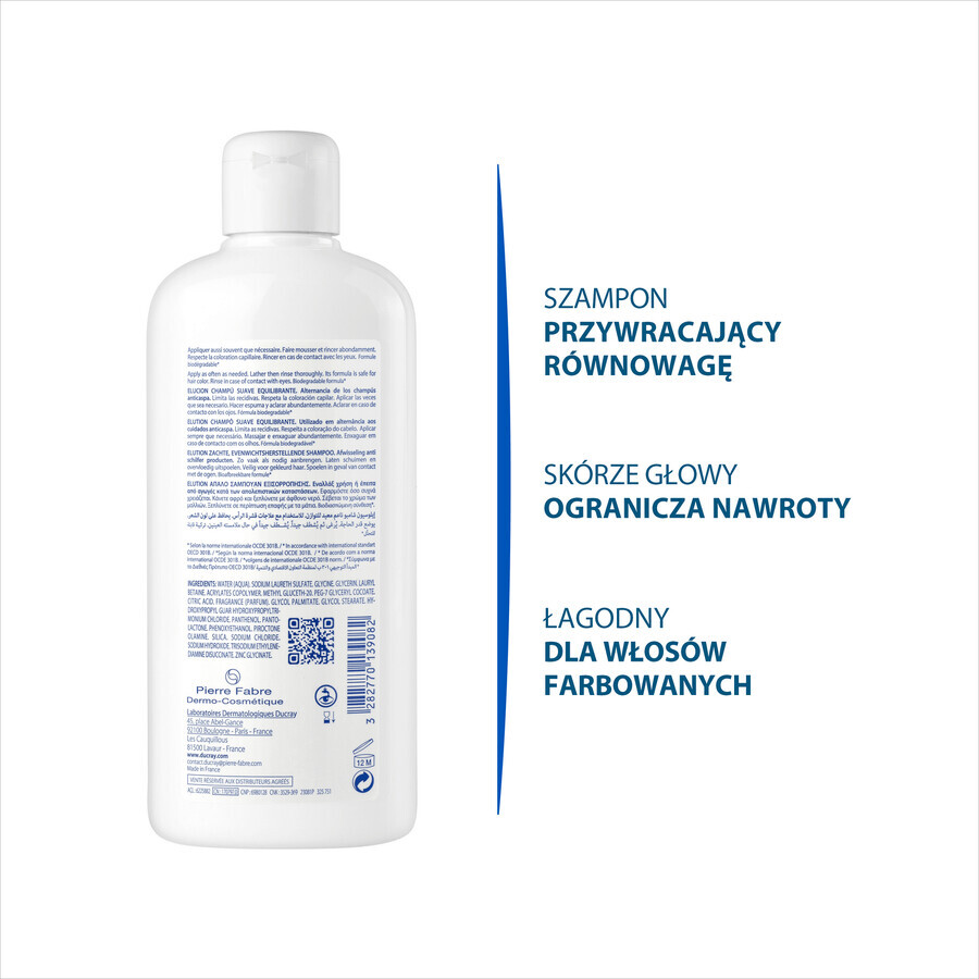 Ducray Elution, sanftes Shampoo zur Wiederherstellung des Gleichgewichts der Kopfhaut, 400ml