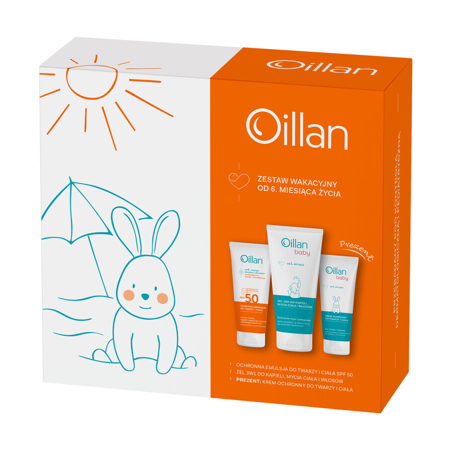 Set Oillan Sun, Schützende Gesichts- und Körperemulsion, SPF 50, 100 ml + Badegel 3in1, 200 ml + feuchtigkeitsspendende Dermo-Creme, 75 ml gratis