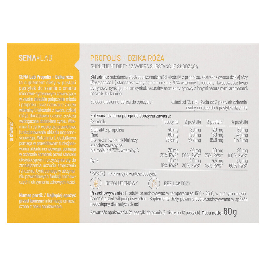 SEMA Lab Propolis + Wildrose, Honig- und Zitronengeschmack, 24 Lutschtabletten