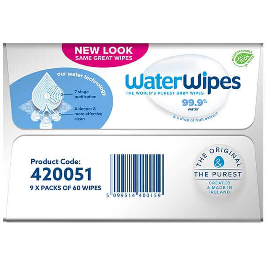 WaterWipes Bio, Feuchttücher, Wasser, von Geburt an, 9 x 60 Stück