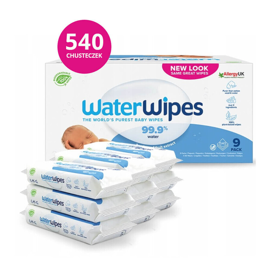 WaterWipes Bio, Feuchttücher, Wasser, von Geburt an, 9 x 60 Stück