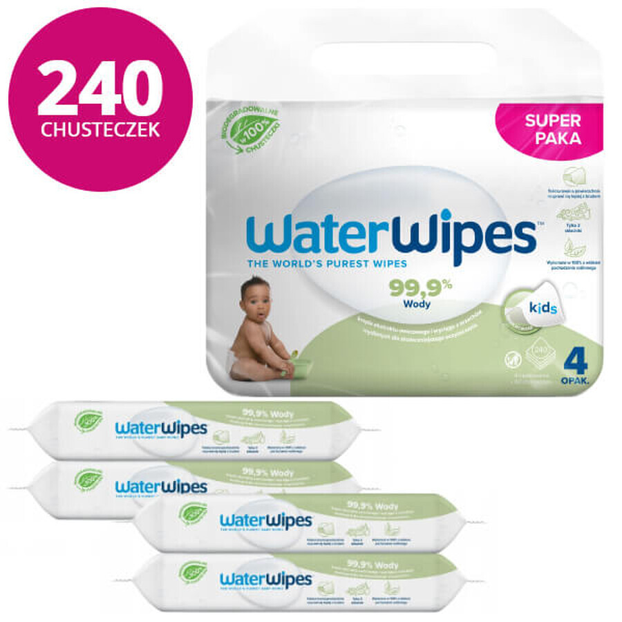 WaterWipes Soapberry Bio, toallitas húmedas a base de agua con extracto de nuez de jabón, desde el nacimiento, 4 x 60 piezas