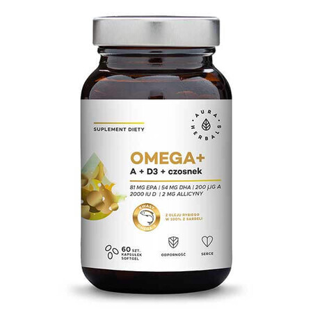 Aura Herbals Omega + Vitamina A + D3 + Aglio, 60 capsule