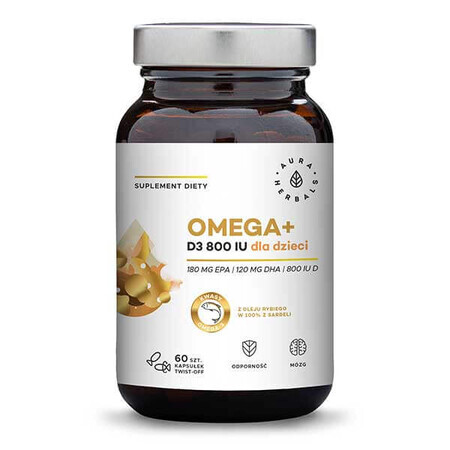 Aura Herbals Omega + Vitamin D3 800 IU für Kinder, 60 Kapseln mit Drehverschluss