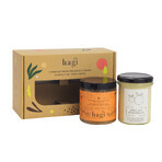 Hagi Warming Set, gommage corporel à la noix de muscade et à la cannelle, 300g + bougie au soja, Orange épicée, 215ml