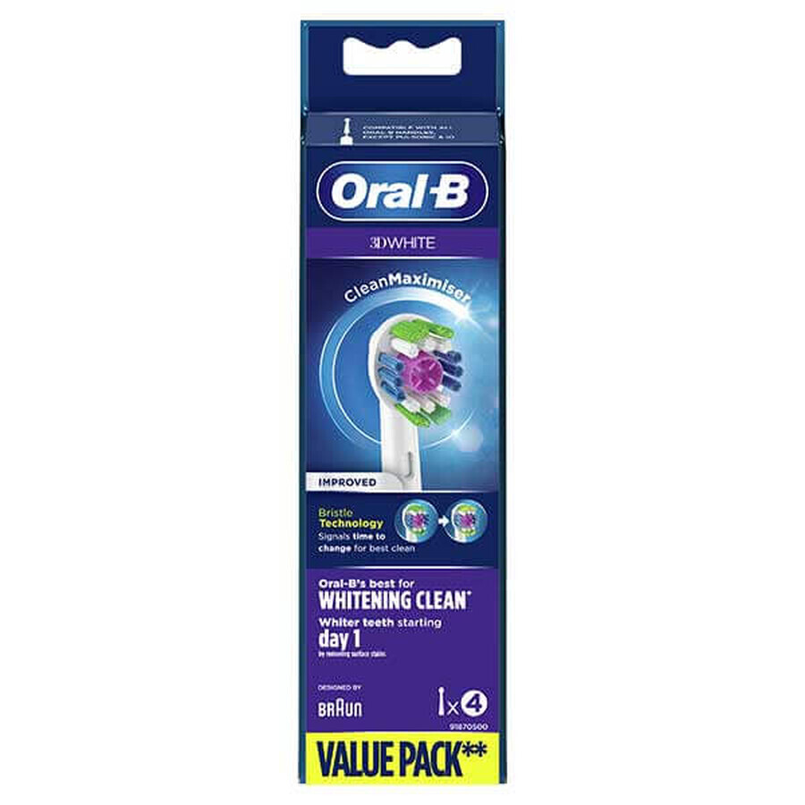 Oral-B 3D White, Ersatzaufsätze für Clean Maximiser elektrische Zahnbürste, EB4 3DW, 4 Stück