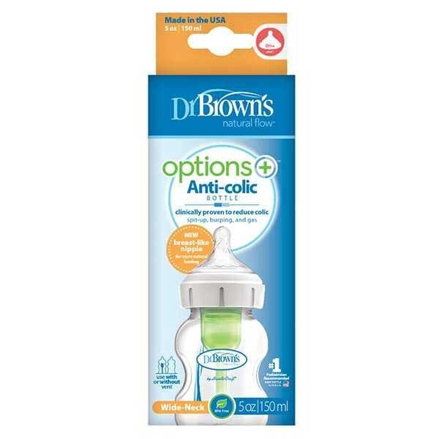 Dr. Brown's Options+, Weithals-Antikolik-Flasche mit Sauger, Stufe 1, 0-3 Monate, 150 ml