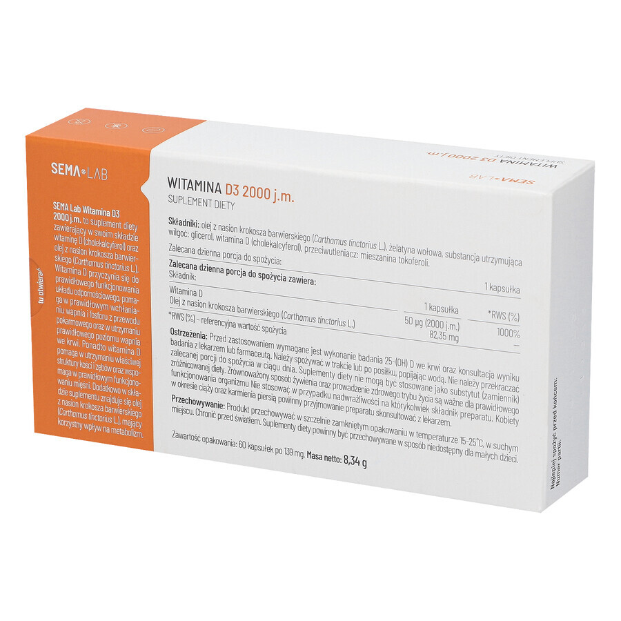 SEMA Lab Vitamin D3 2000 IU, 60 Weichkapseln