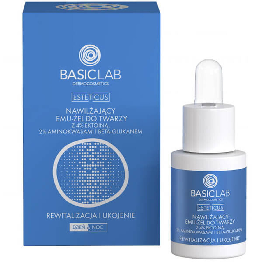 BasicLab Esteticus, gel facial emu hidratante con ectoína al 4%, revitalizante y calmante, 15 ml