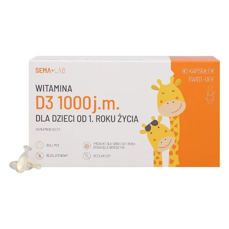 SEMA Lab Vitamin D 1000 IU für Kinder ab 1 Jahr und Erwachsene, 90 Kapseln mit Drehverschluss