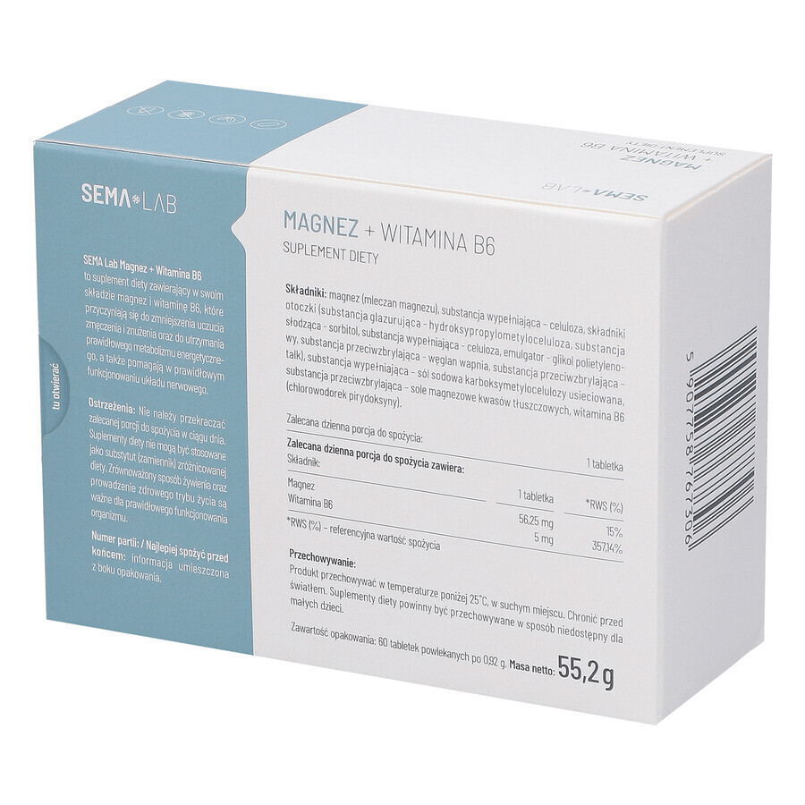 SEMA Lab Magnesium + Vitamin B6, 60 Filmtabletten