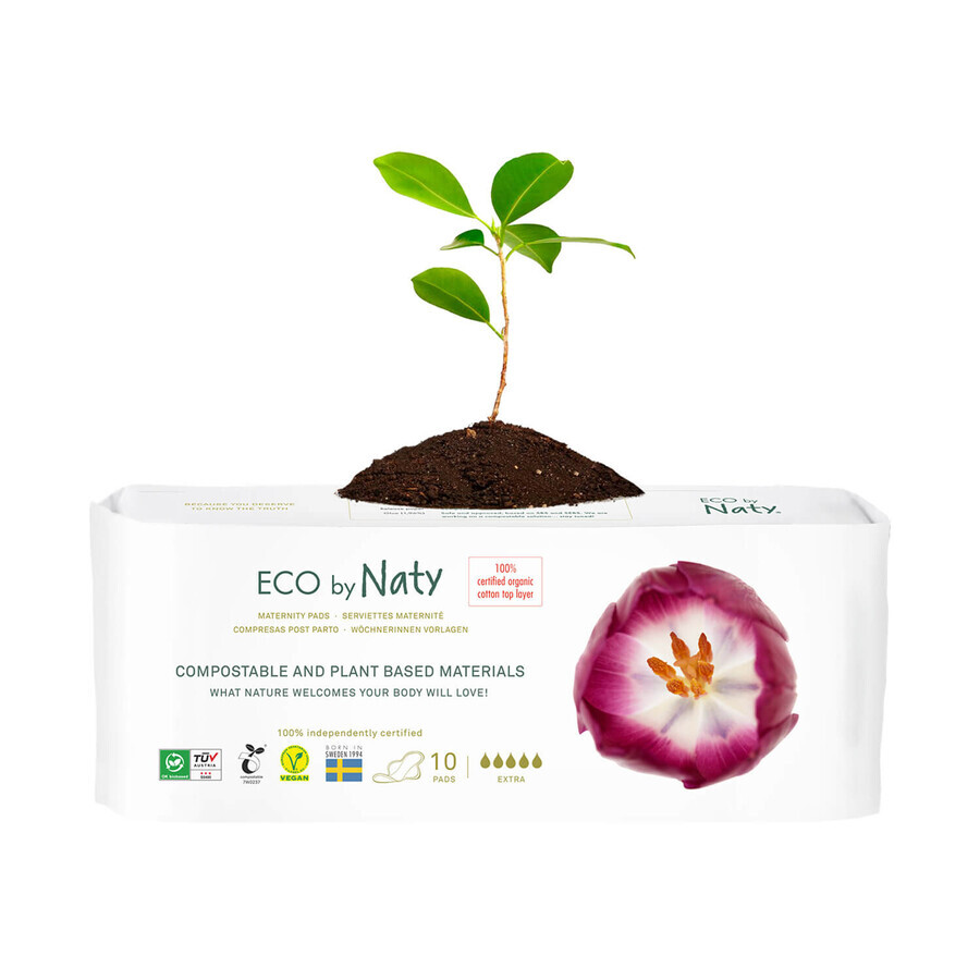 Eco by Naty, compresas postparto ecológicas, compostables, Extra, 10 uds.