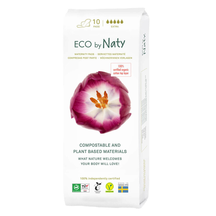 Eco by Naty, compresas postparto ecológicas, compostables, Extra, 10 uds.