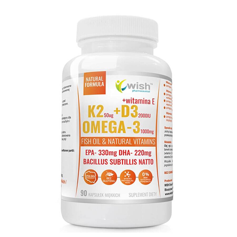 Wunsch K2 50 µg +D3 2000 IU+ Omega-3 1000 mg + Vitamin E, 90 Weichkapseln