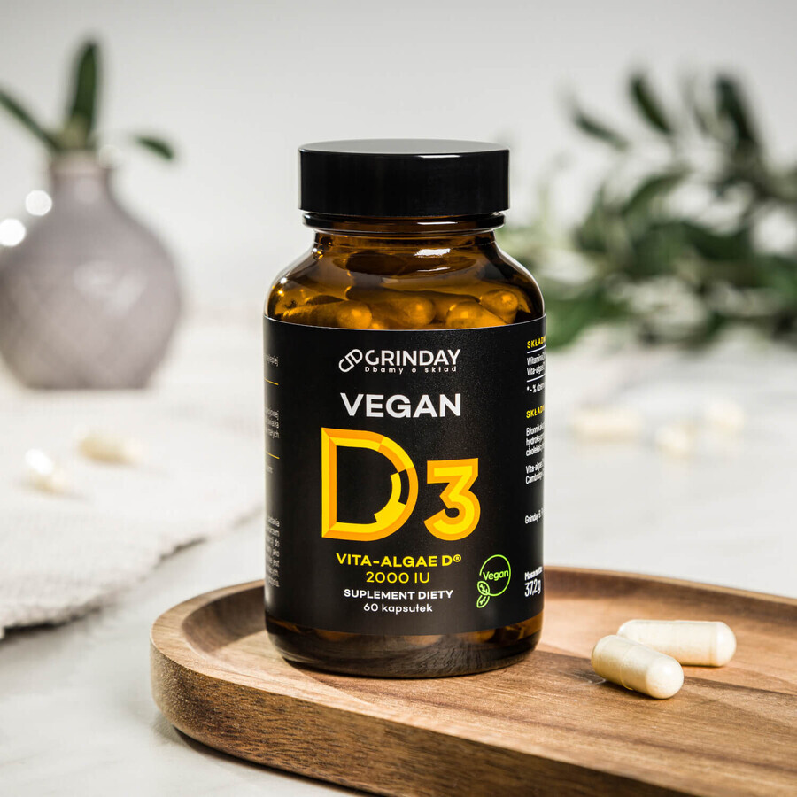 Grinday Vegan D3, vitamina D3 vegana 2000 UI, 60 capsule