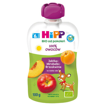 HiPP HiPPiS Bio mousse de fruits, pommes, pêches, mirabelles, après 6 mois, 100 g