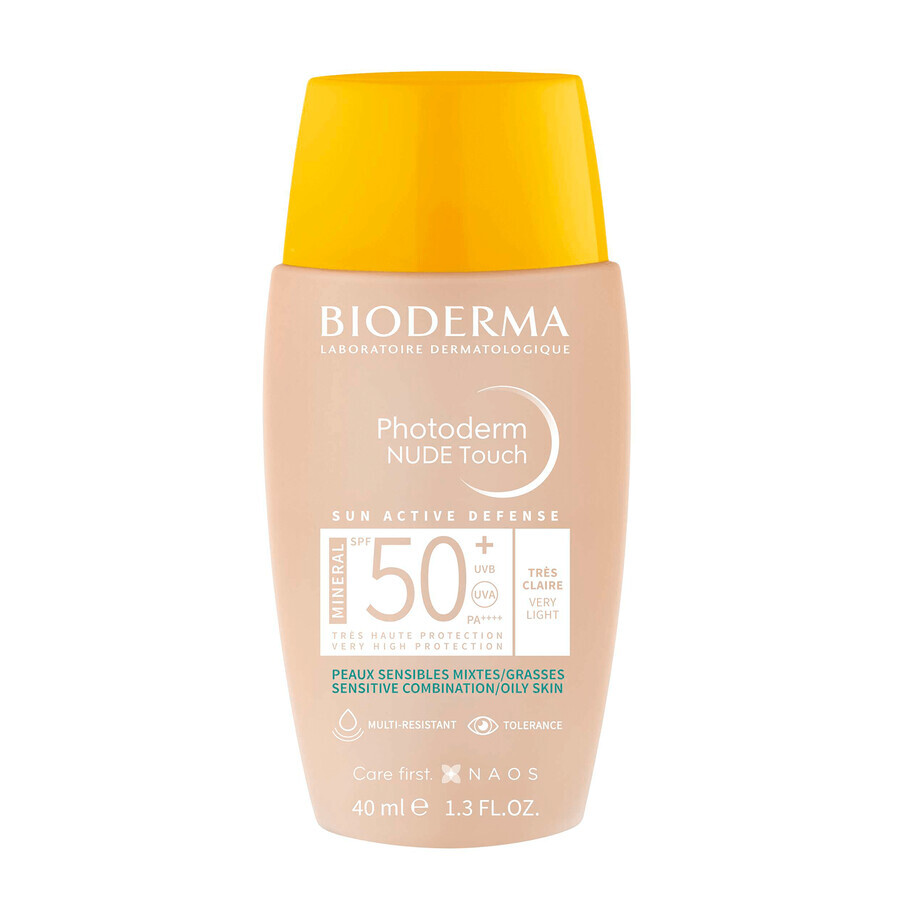 Bioderma Photoderm Nude Touch, fond de ten mineral cu efect nude, nuanță foarte deschisă, SPF 50+, 40 ml