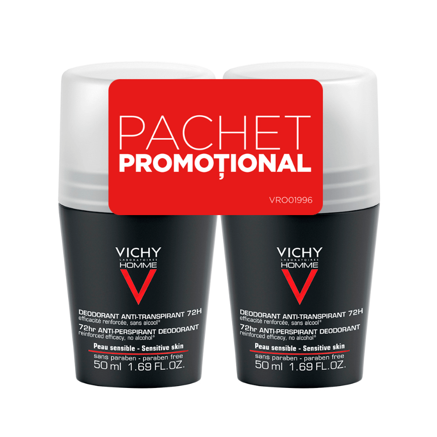 Pachet Deodorant roll-on antiperspirant control extrem pentru bărbați 72h, 50 ml + 50 ml, Vichy Homme