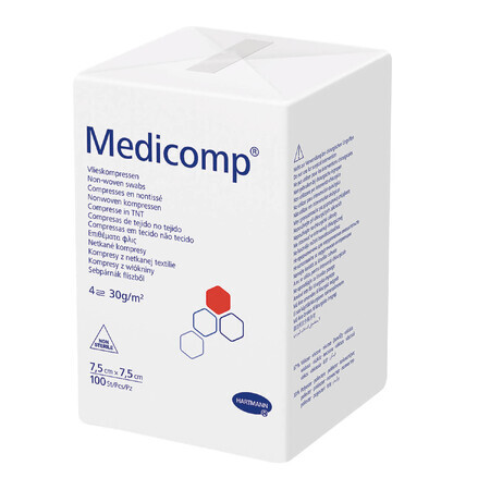 Medicomp Compresses, non-sterile, non-woven, 4 layers, 30 g/m2, 7.5 cm x 7.5 cm, 100 pieces