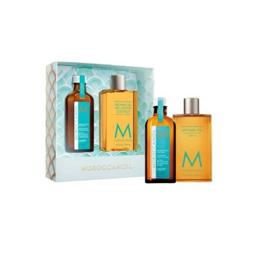 Pachet Everyday Escape Tratament pentru par fin și deschis la culoare Light, 100 ml + Gel de dus original, 250 ml, Moroccanoil