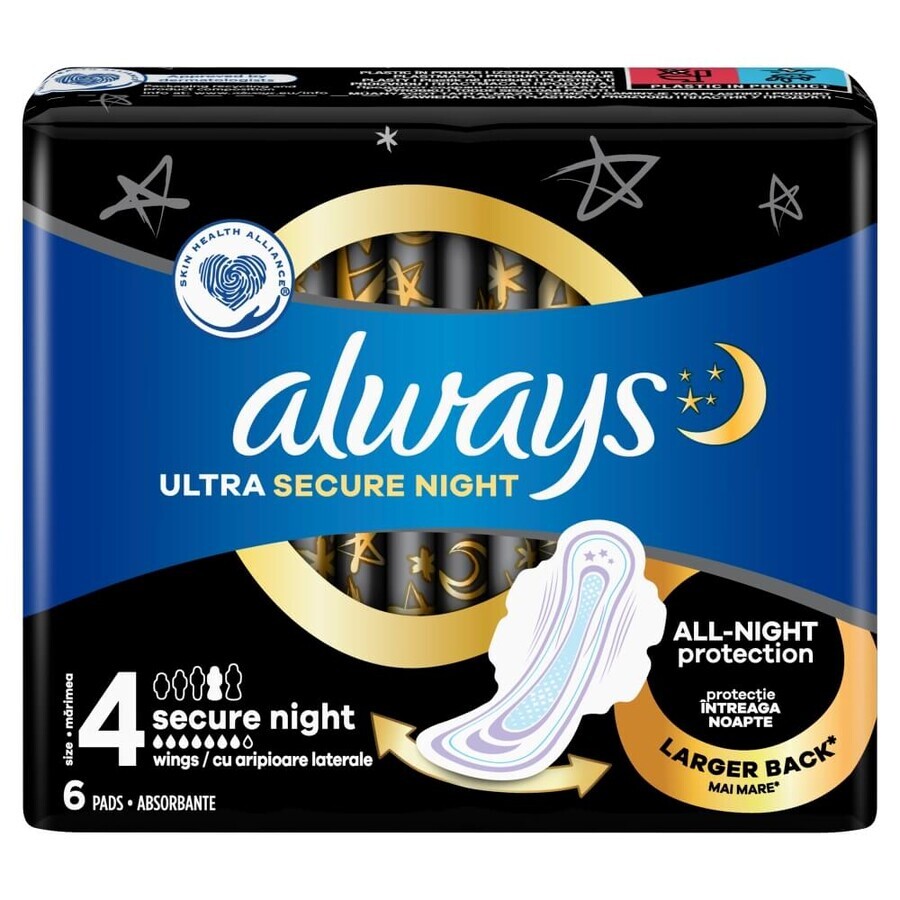 Always Ultra Secure Night, serviettes hygiéniques avec ailettes, taille 4, 6 pièces