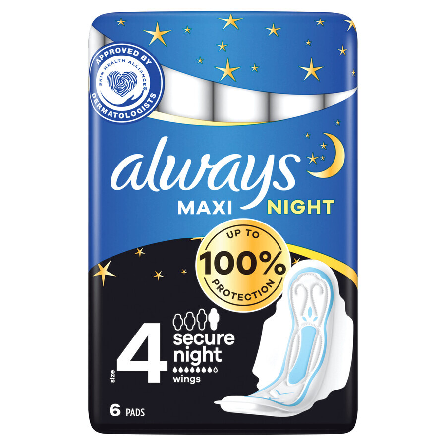 Always Secure Night, Damenbinden mit Flügeln, Größe 4, Maxi, 6 Stück