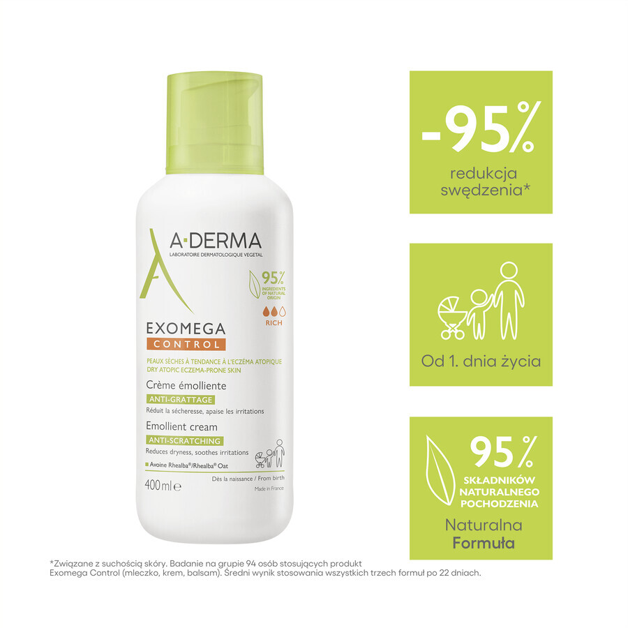 A-Derma Exomega Control, lindernde Creme, trockene und zu Neurodermitis neigende Haut, ab Tag 1, 400 ml