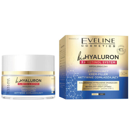 Eveline Cosmetics Bio Hyaluron 3 x Retinol System 50+, liftende gezichtscrème, actief verjongend, 50 ml