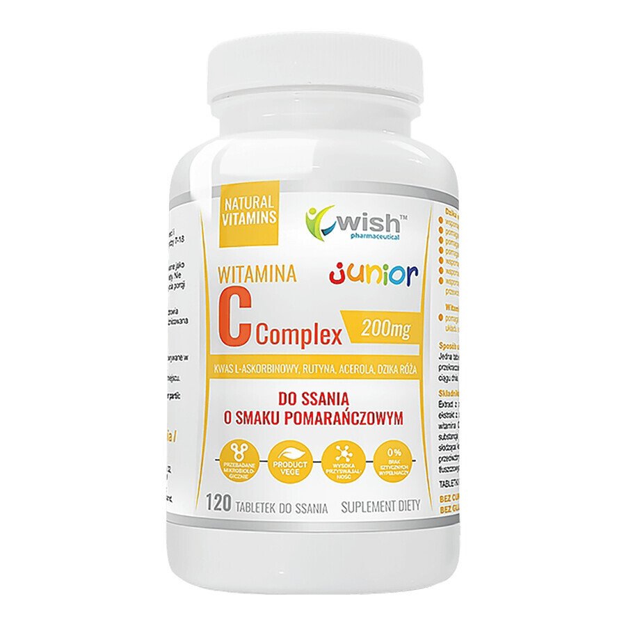 Wish Vitamin C Complex Junior, sabor naranja, 120 pastillas para chupar