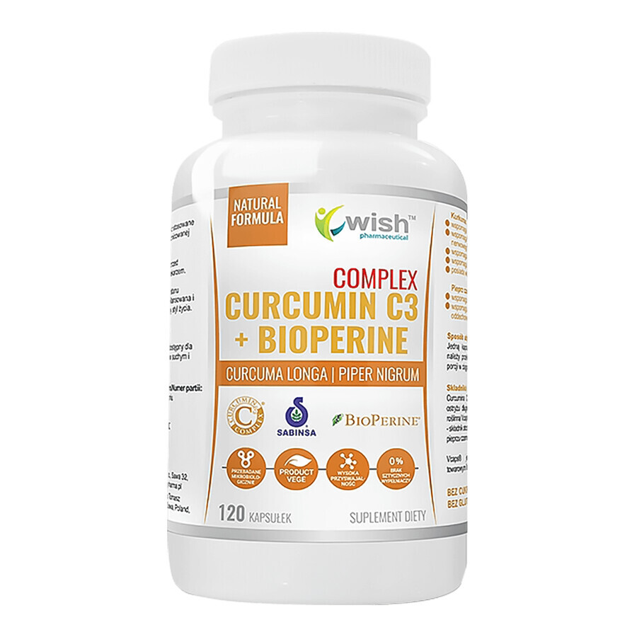 Wish Curcumin C3 + Bioperine Complex, curcumine et pipérine, 120 gélules