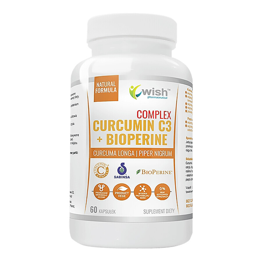 Wish Curcumin C3 + Bioperine Complex, Curcumin und Piperin, 60 Kapseln