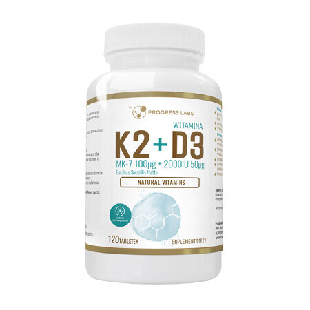 Progress Labs Vitamin K2 MK-7 from Natto 100 μg + D3 2000 IU 50 μg, 120 tablets