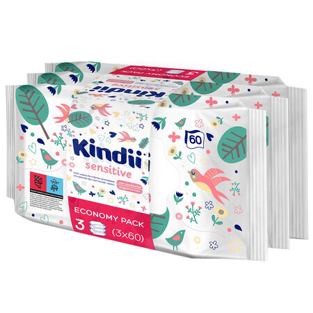 Kindii Sensitive, Feuchttücher für Säuglinge und Kinder, 3 x 60 Stück