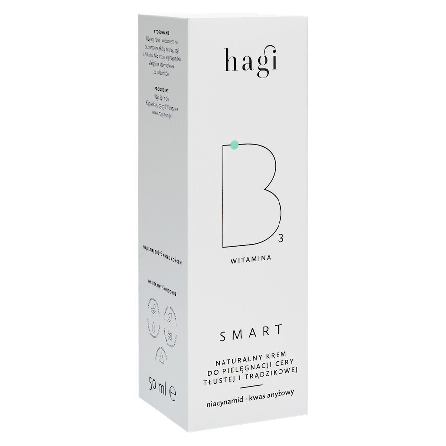 Hagi Smart B, crema naturale per pelli grasse e acneiche con niacinamide, 50 ml