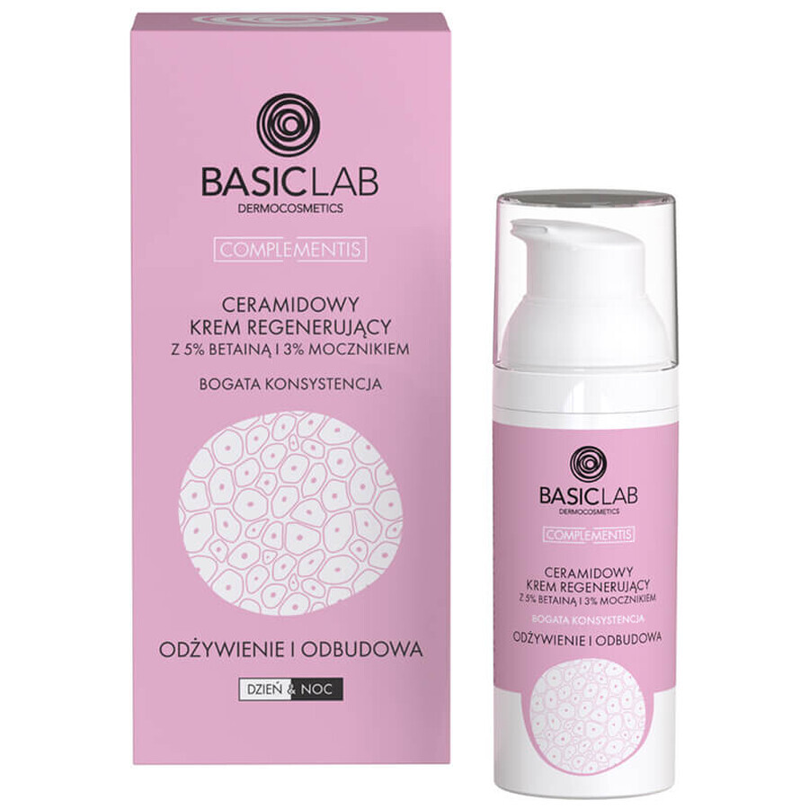 BasicLab Complementis, crema regeneradora de ceramidas con betaína 5% y urea 3%, nutrición y reconstrucción, textura rica, 50 ml