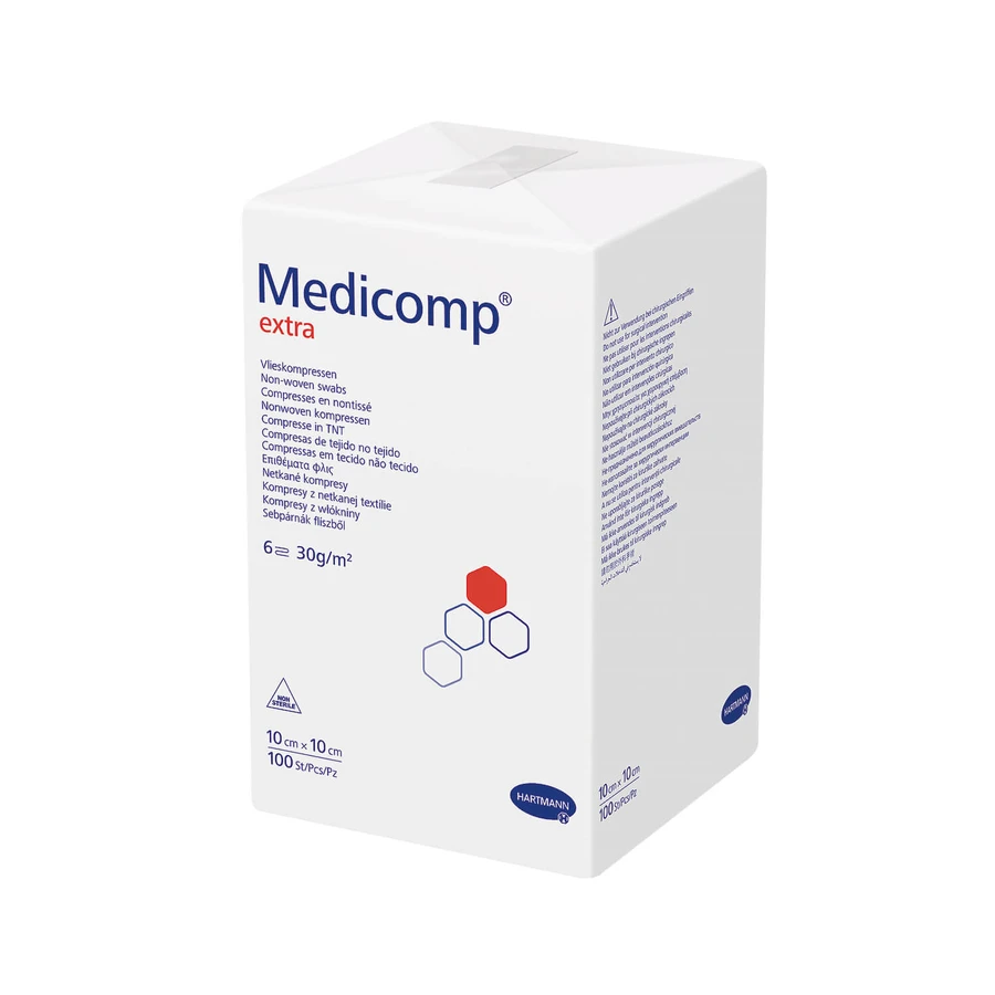 Medicomp Extra, unsterile, nicht gewebte Kompressen, 6 Lagen, 30 g/m2, 10 cm x 10 cm, 100 Stück.