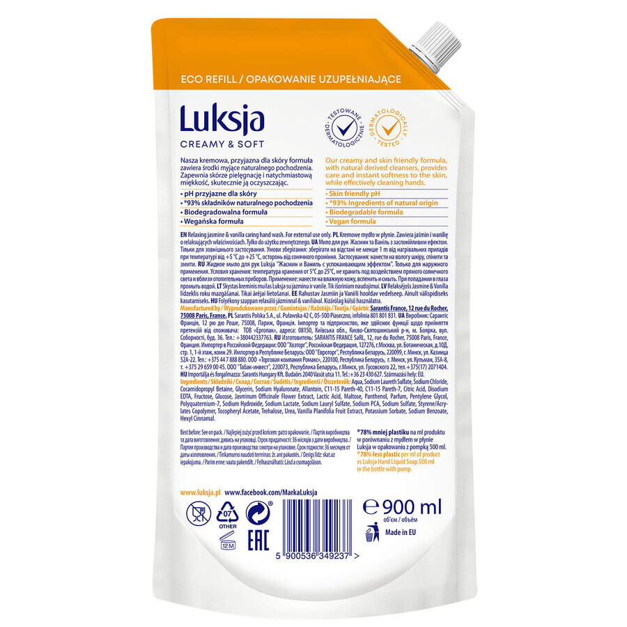 Luxja Creamy &amp; Soft, săpun lichid cremos, relaxant, iasomie și vanilie, stoc, 900 ml