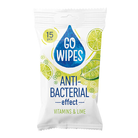 GoWipes, erfrischende Feuchttücher mit antibakterieller Wirkung, Vitaminen und Limette, 15 Stück