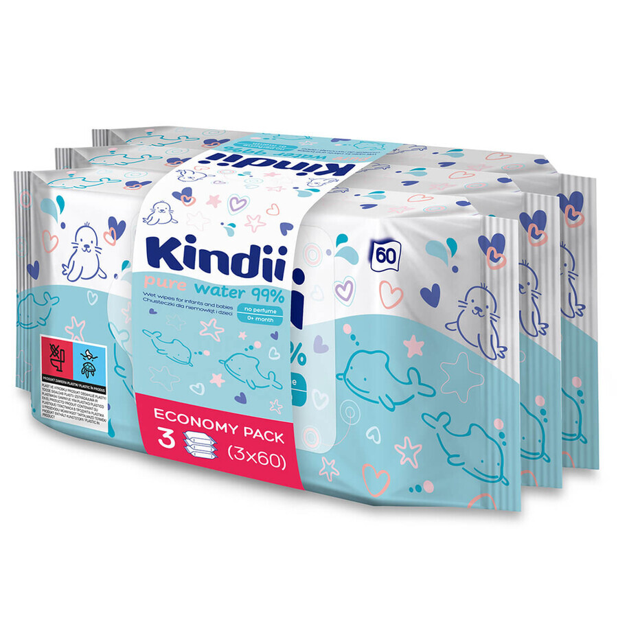 Kindii Pure Water 99%, Feuchttücher für Säuglinge und Kinder, 3 x 60 Stück